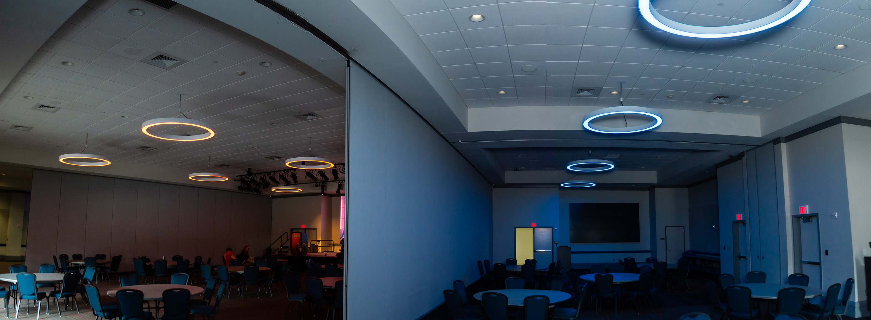 Ballroom 108.3 and 108.4 displaying colored lighting capabilities